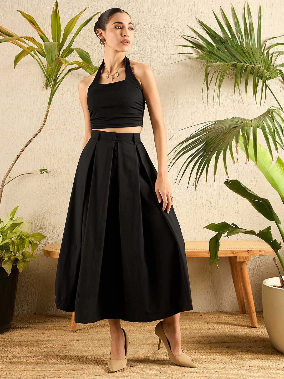 Cotton Poplin Box Pleated Midi Skirt - Uptownie