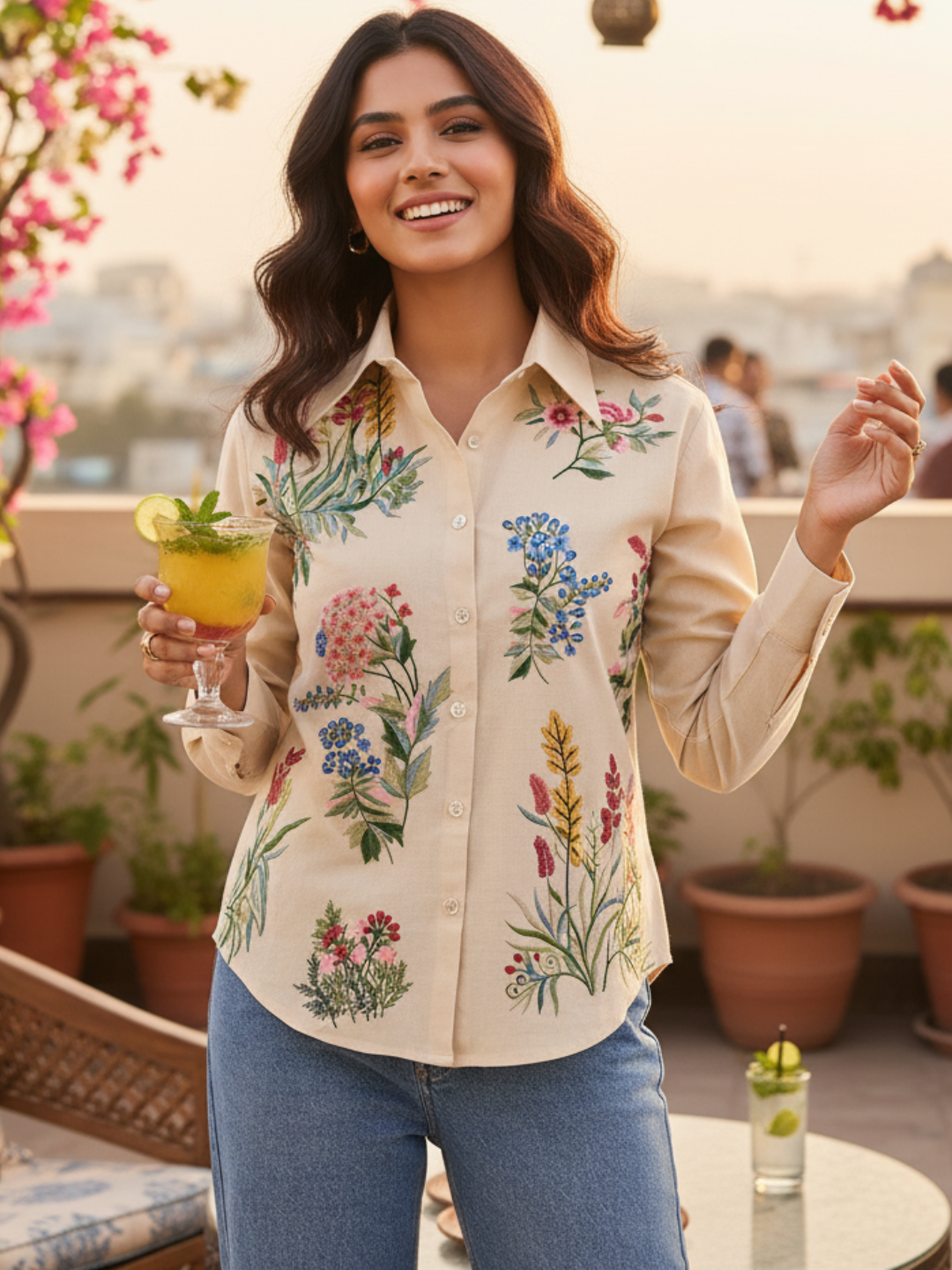 Floral Embroidered Linen Shirt - Uptownie