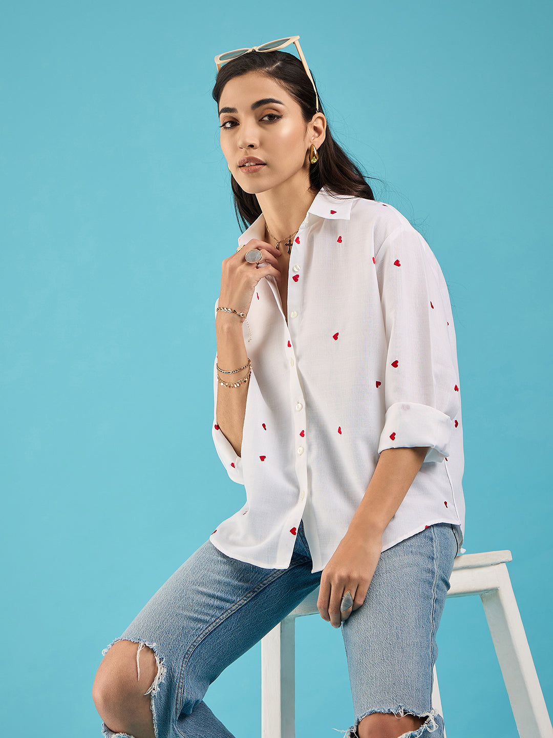 Embroidered Cotton Shirt with Hearts - Uptownie