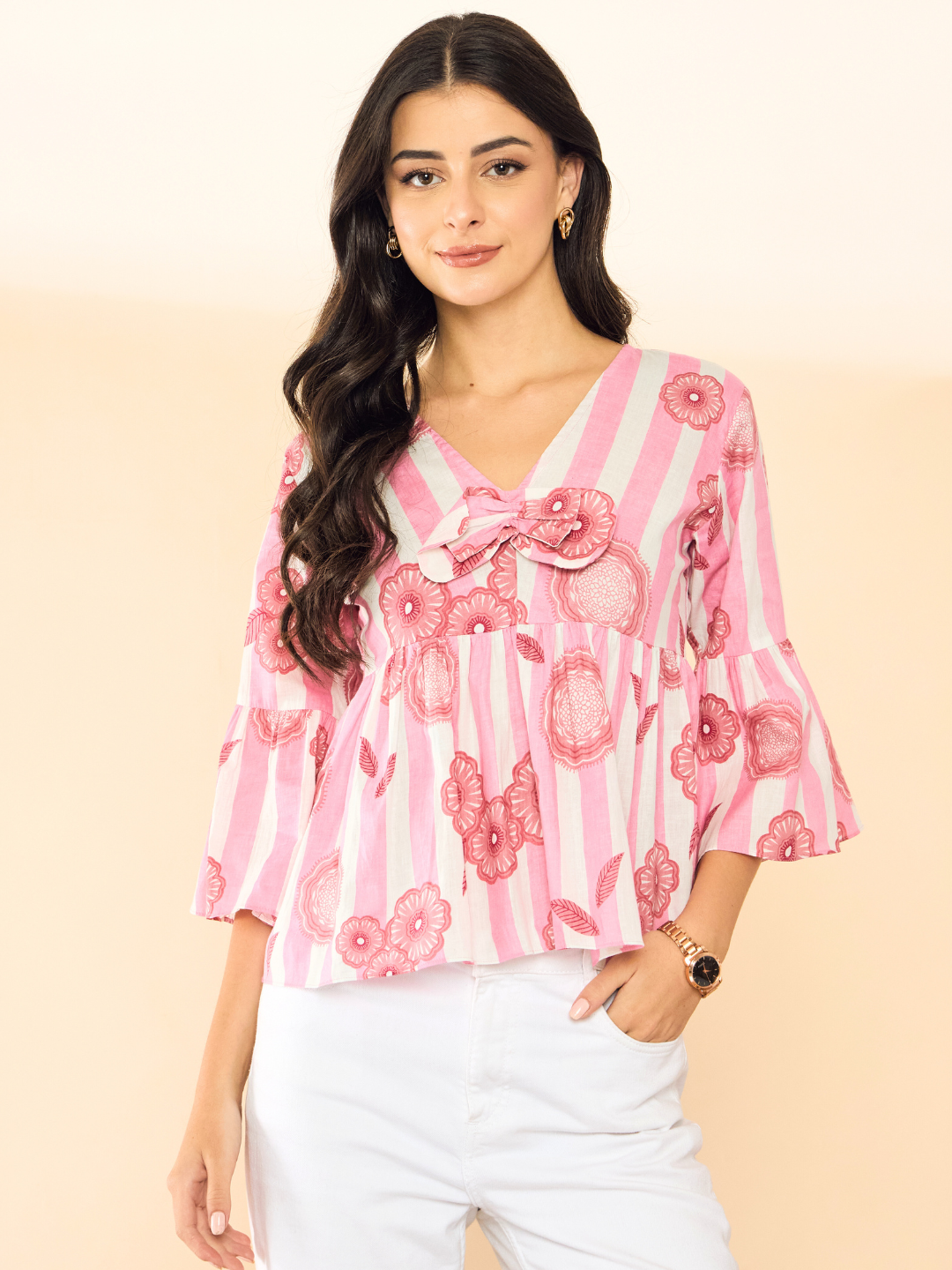 Bell Sleeve Cotton Peplum Top