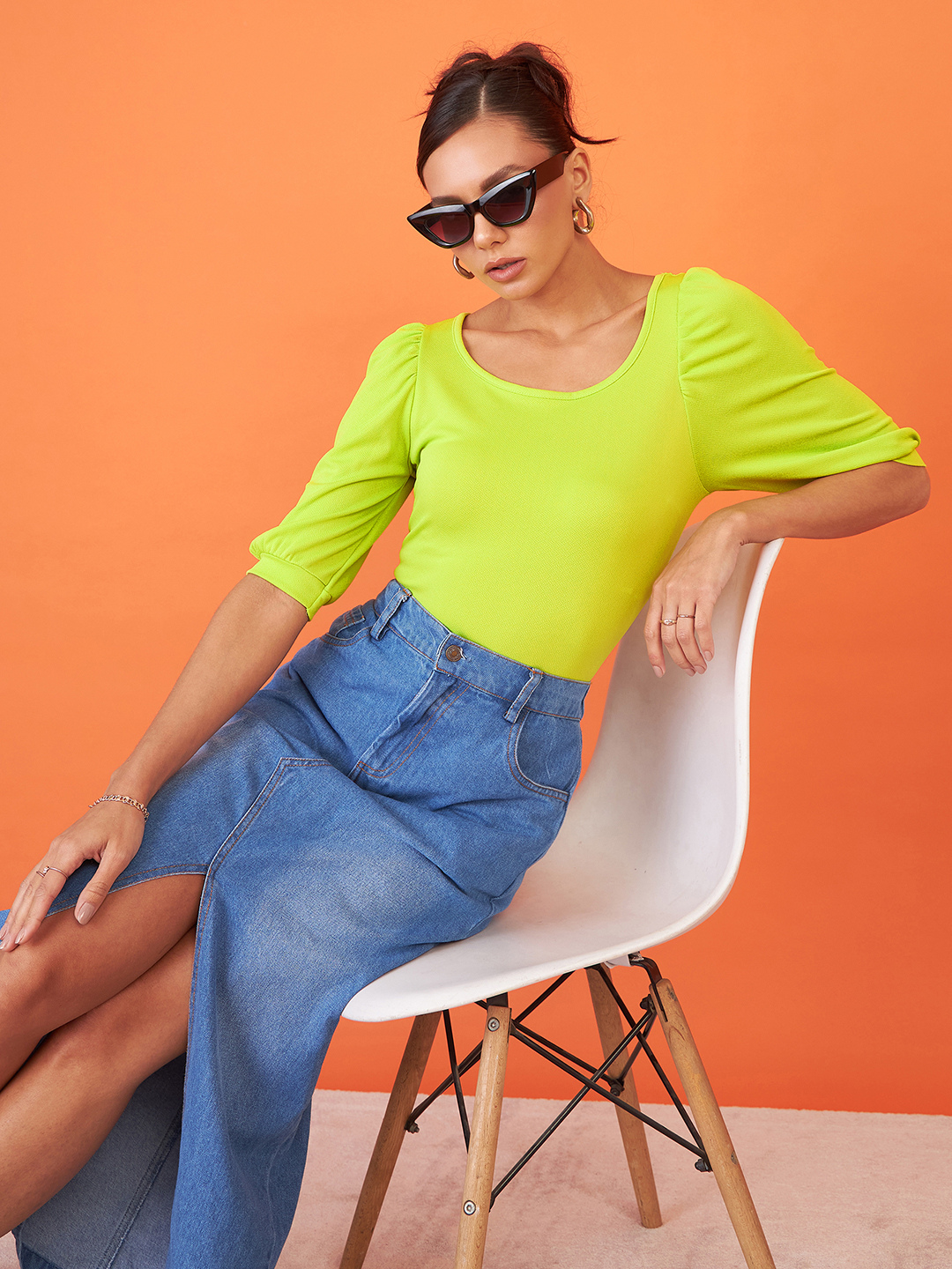 Cotton Solid Stretchable Round Neck Puff Sleeve Top - Uptownie