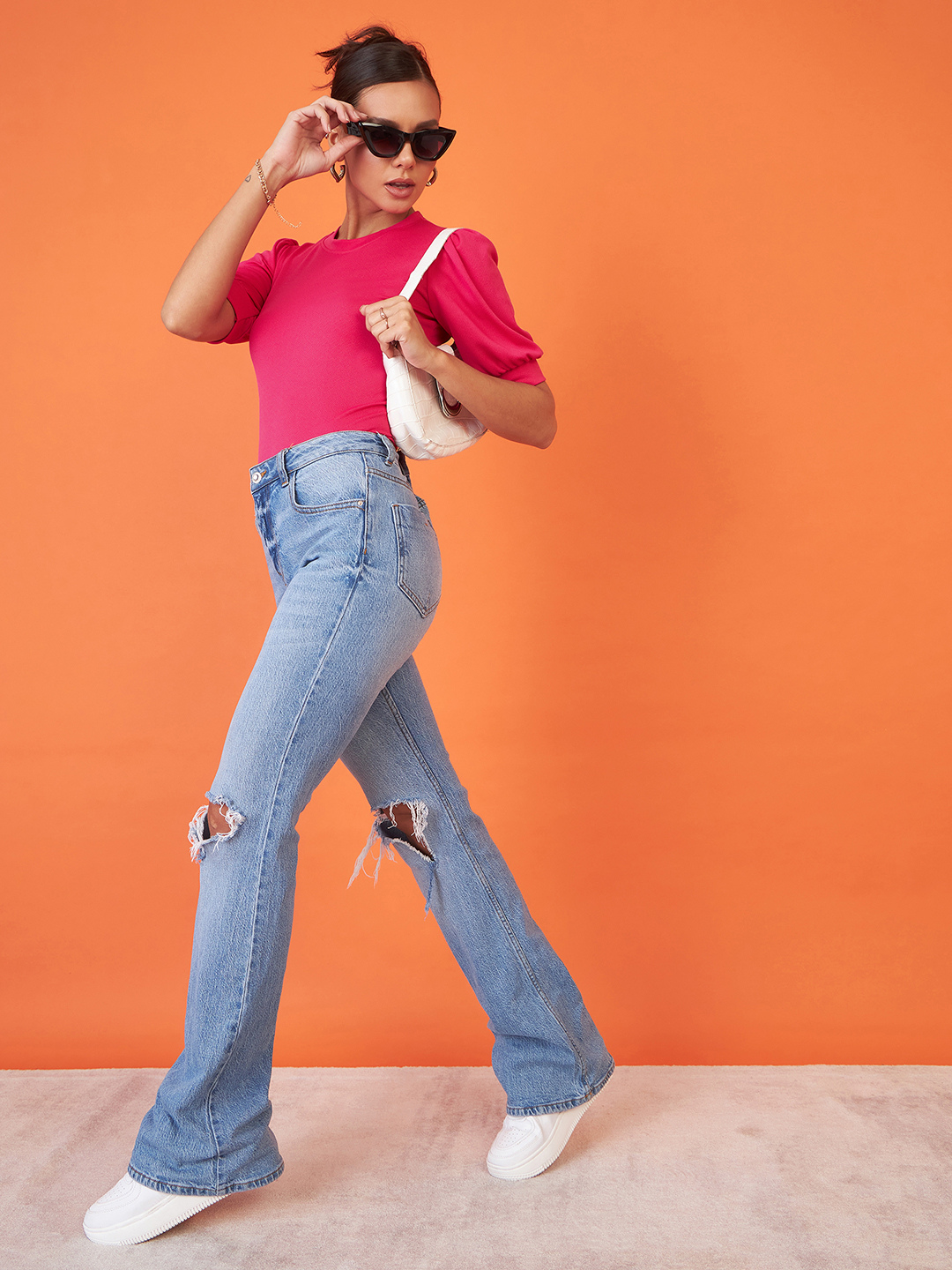 Cotton Solid Stretchable High Neck Puff Sleeve Top - Uptownie