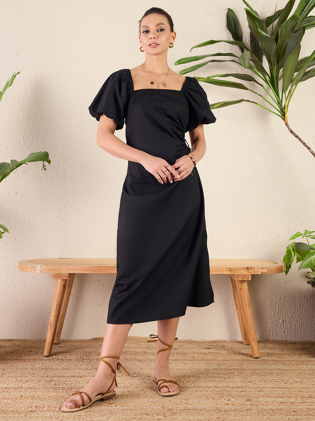 Cotton Poplin Side Cut-Out Midi Dress - Uptownie