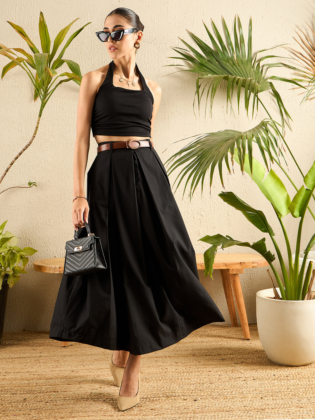 Cotton Poplin Box Pleated Midi Skirt - Uptownie