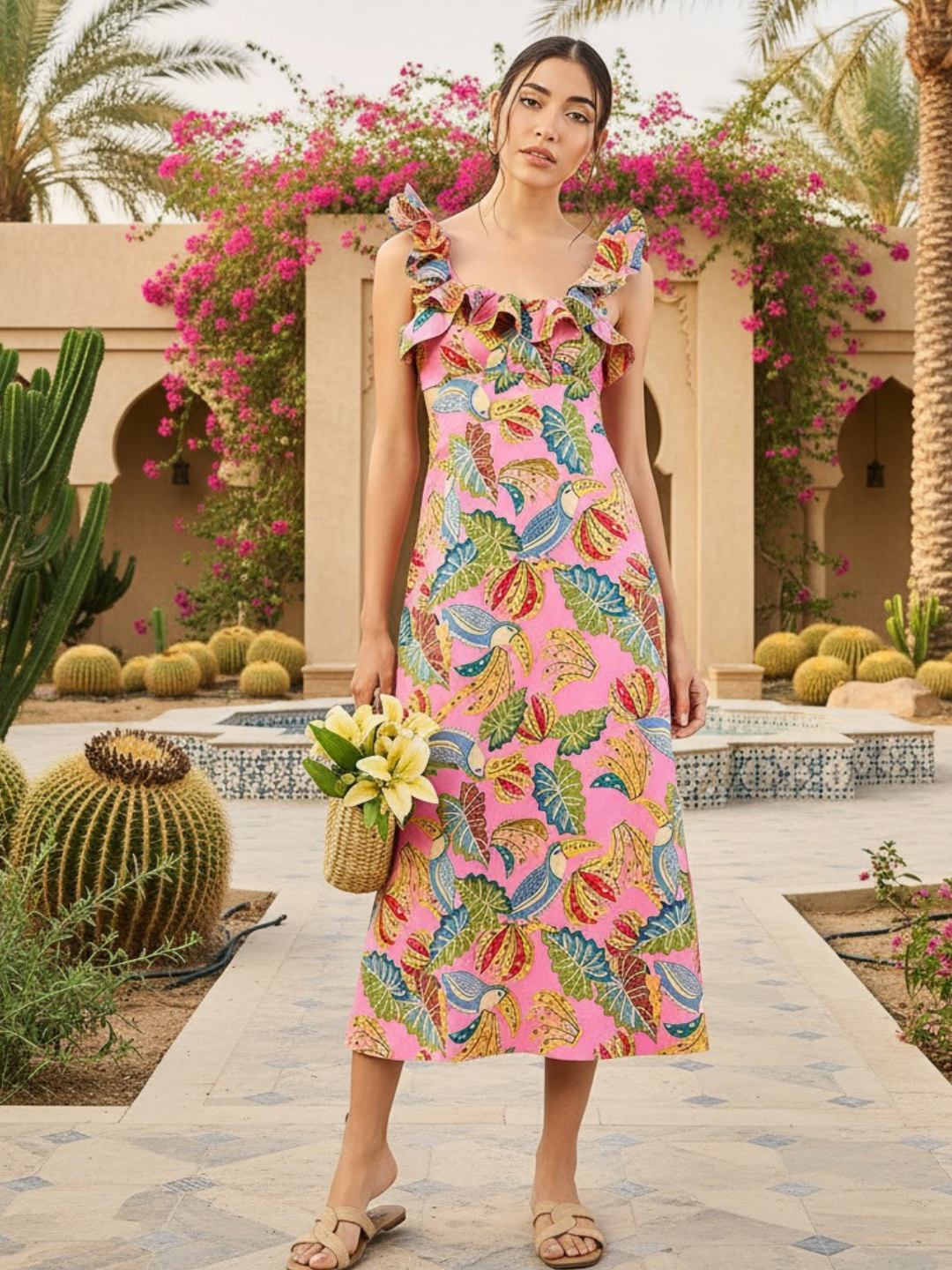Printed Frilled Scoop Neck Dress - Uptownie