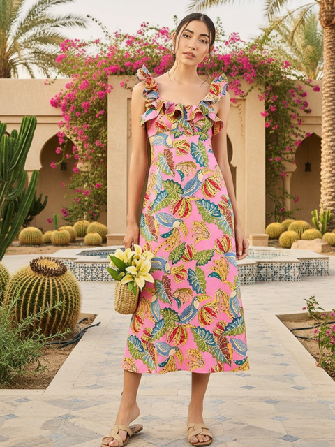 Cotton Frilled Scoop Neck Dress