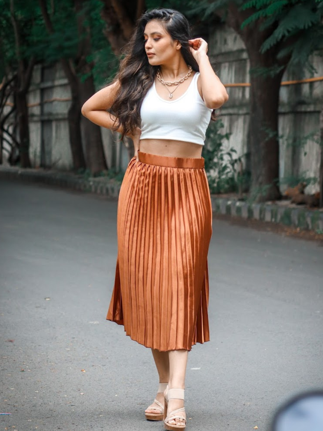 Fashionable Babe Rust Brown Satin Pleated Midi Skirt