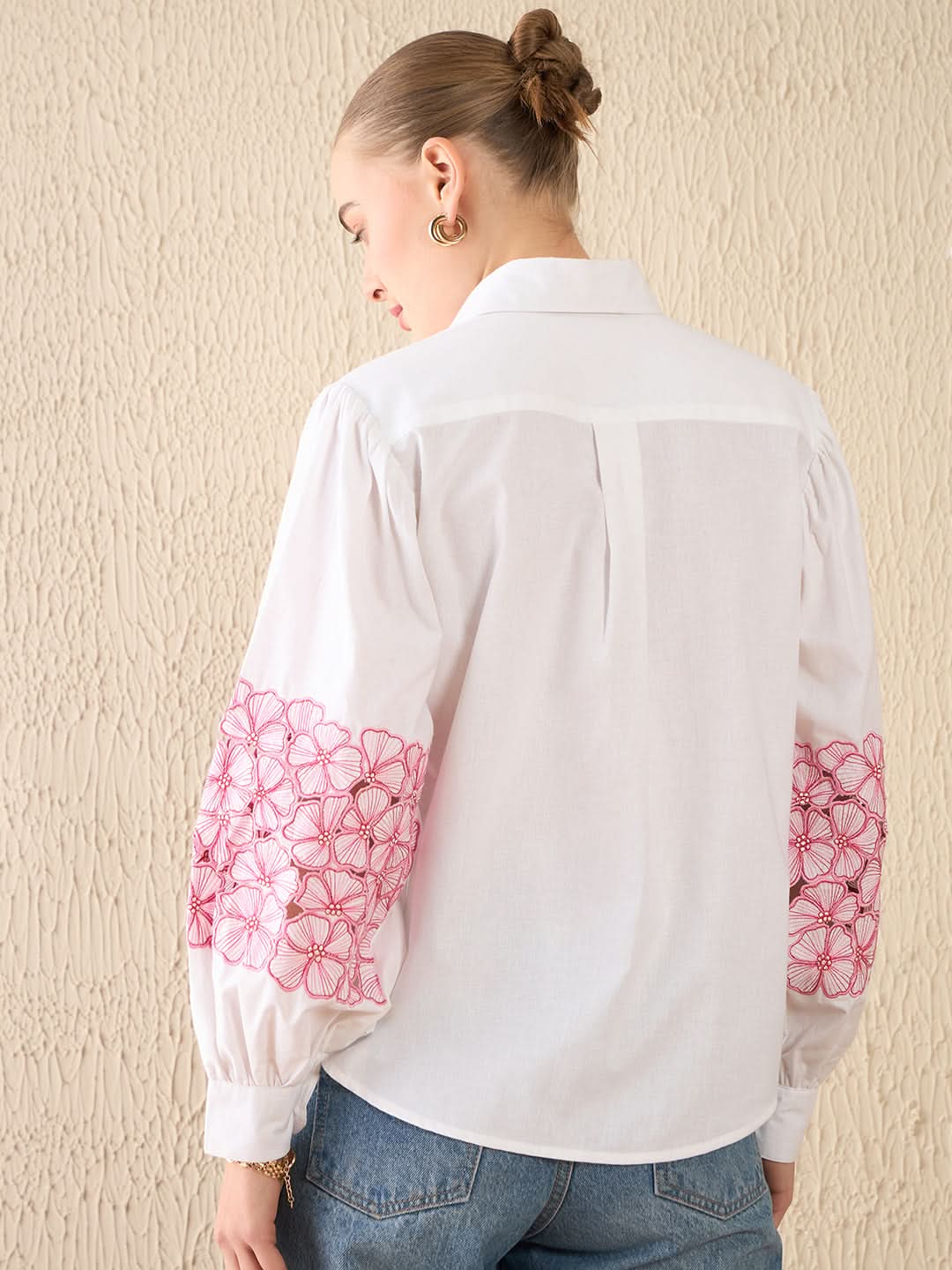 Cotton Embroidered Shirt With Balloon Sleeves - Uptownie