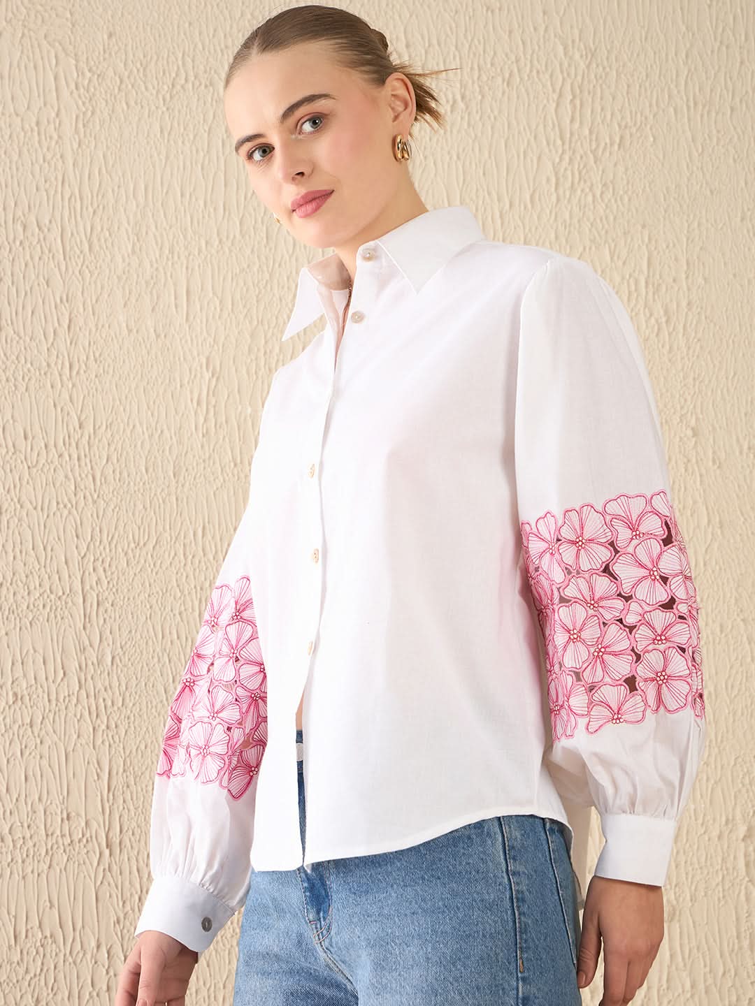 Cotton Embroidered Shirt With Balloon Sleeves - Uptownie