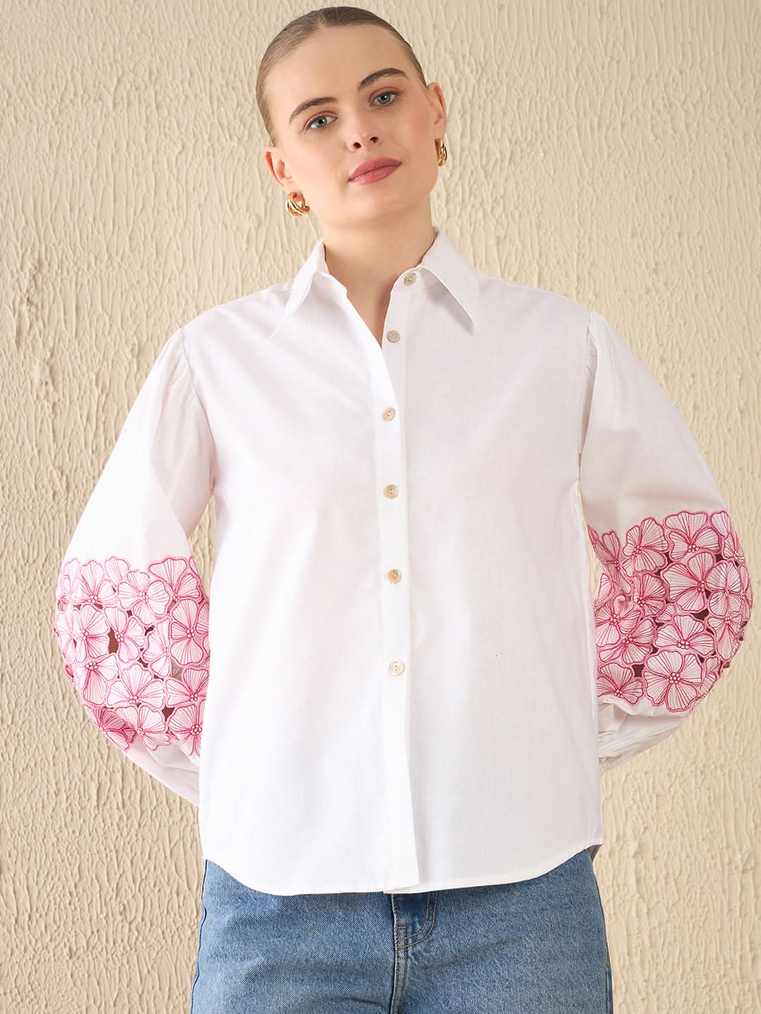 Cotton Embroidered Shirt With Balloon Sleeves - Uptownie