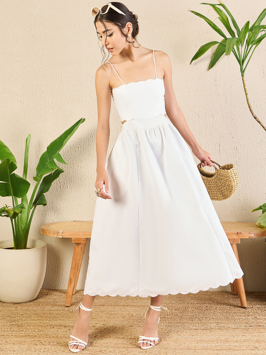 Scalloped Fit and Flare Maxi Cotton Dress - Uptownie