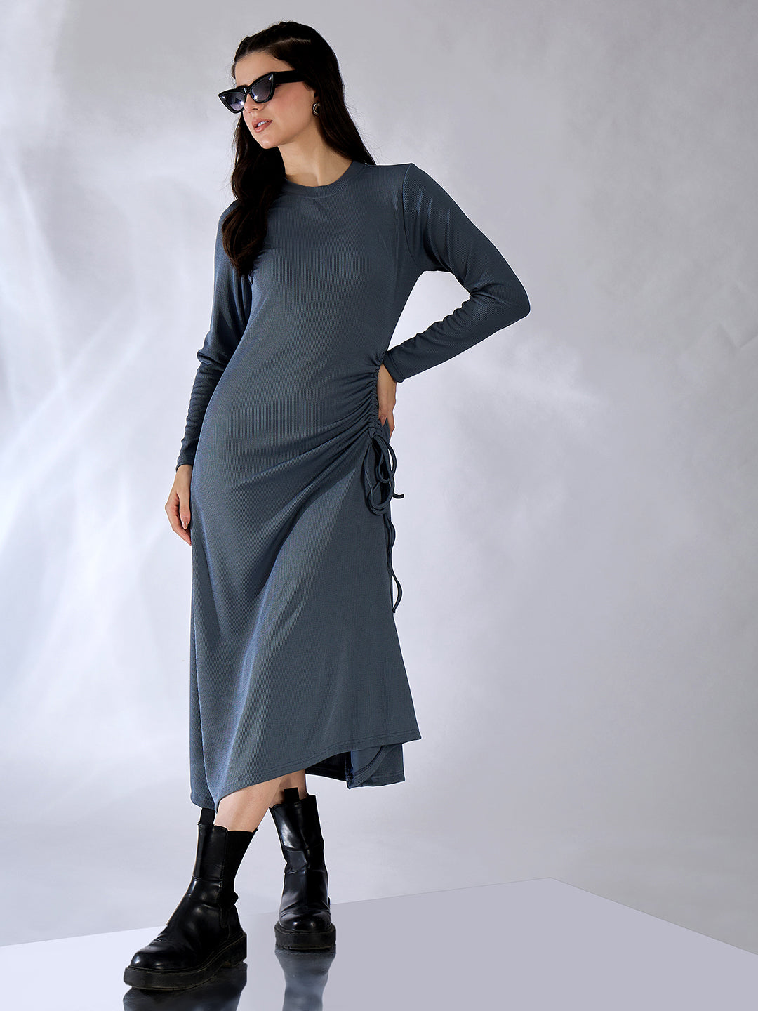 tie up ruched dress Lace up ruched evening dress in black