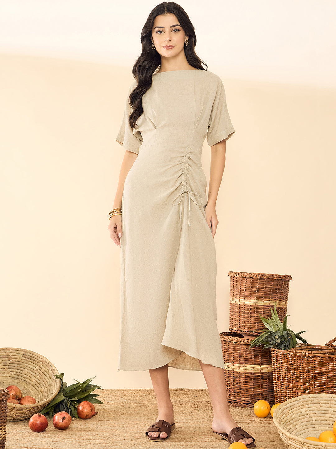 Cotton Drawstring Midi Dress