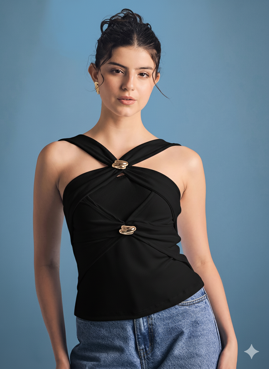 Stretchable Gold Accent Criss Cross Top