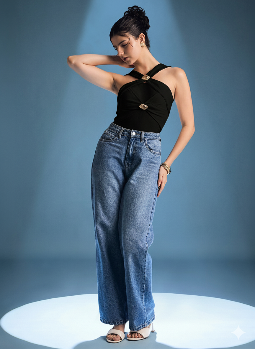 Stretchable Gold Accent Criss Cross Top