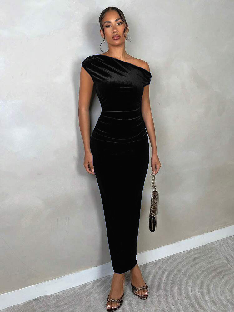 Stretchable Velvet Off Shoulder Drape Dress
