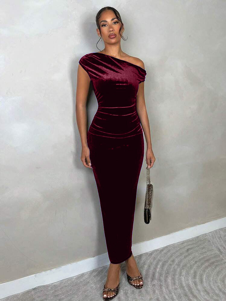 Printed Velvet Long Dress 2015 Velvet Off Shoulder Drape Dress