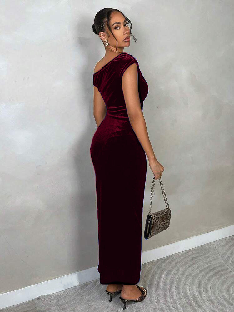 Stretchable Velvet Off Shoulder Drape Dress