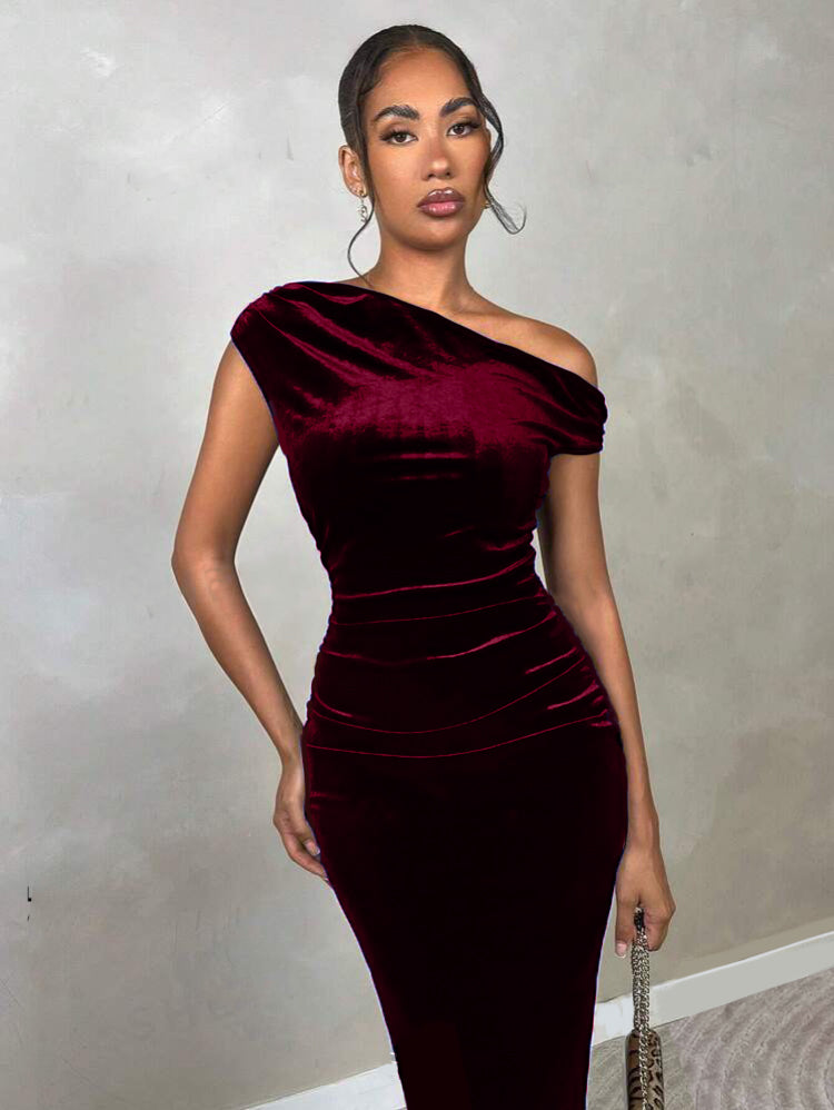 Velvet Off Shoulder Drape Dress - Uptownie