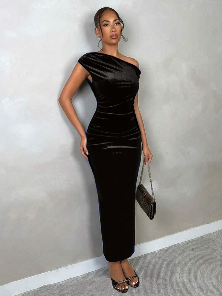 Stretchable Velvet Off Shoulder Drape Dress