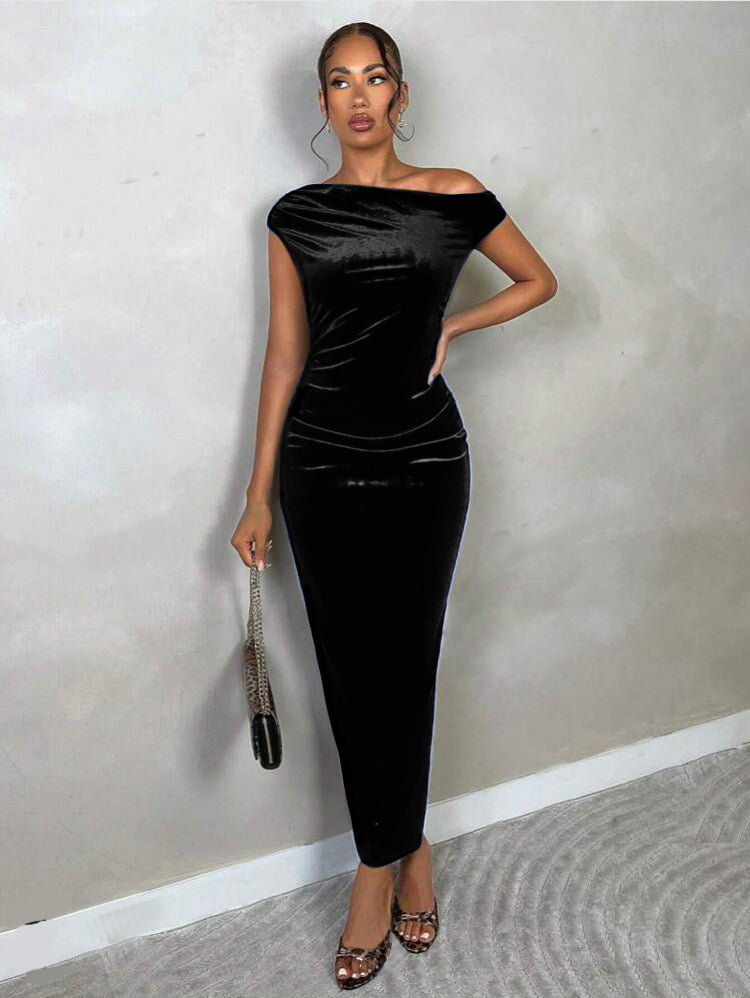 Stretchable Velvet Off Shoulder Drape Dress - Main Image