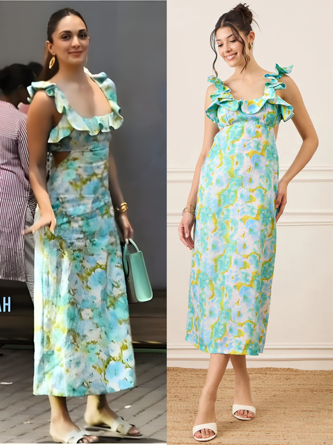 Printed Frilled Scoop Neck Linen Dress - Uptownie
