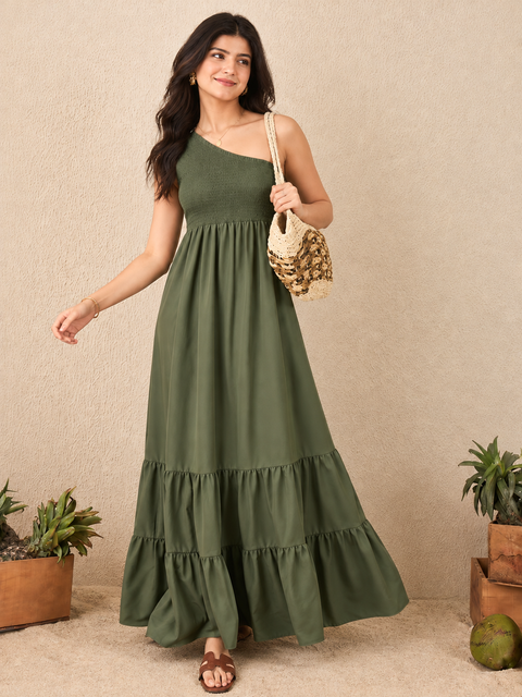 One Shoulder Smocked Maxi Dress