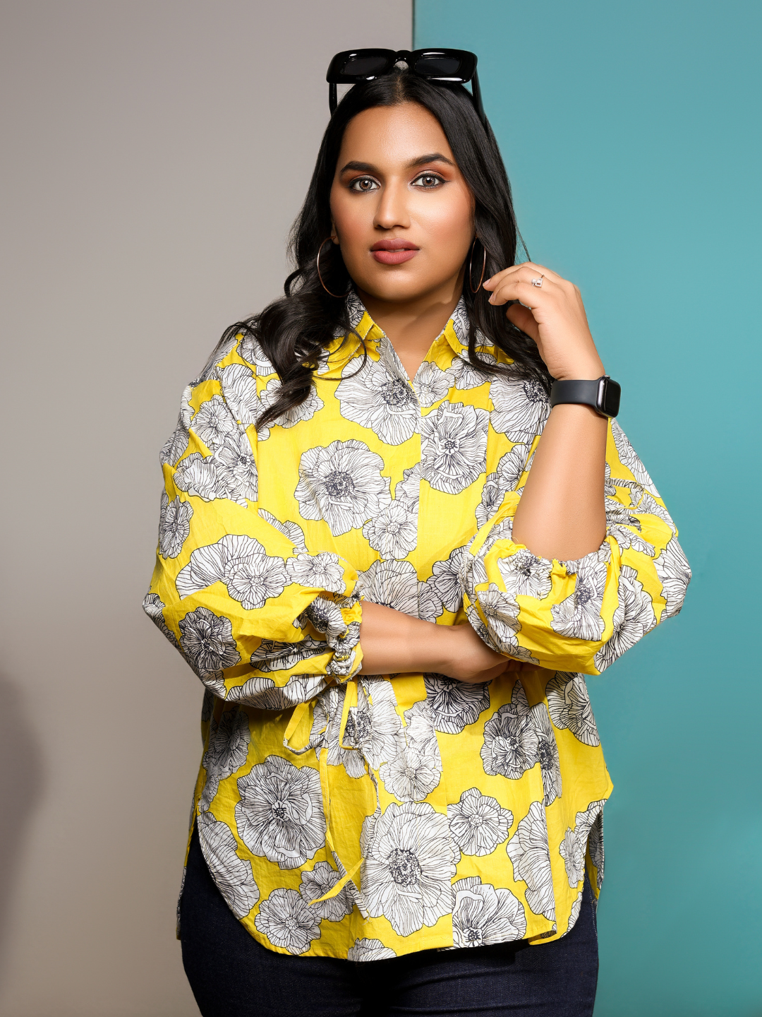 Printed Cotton Shirt with Tie Up Sleeves - Uptownie