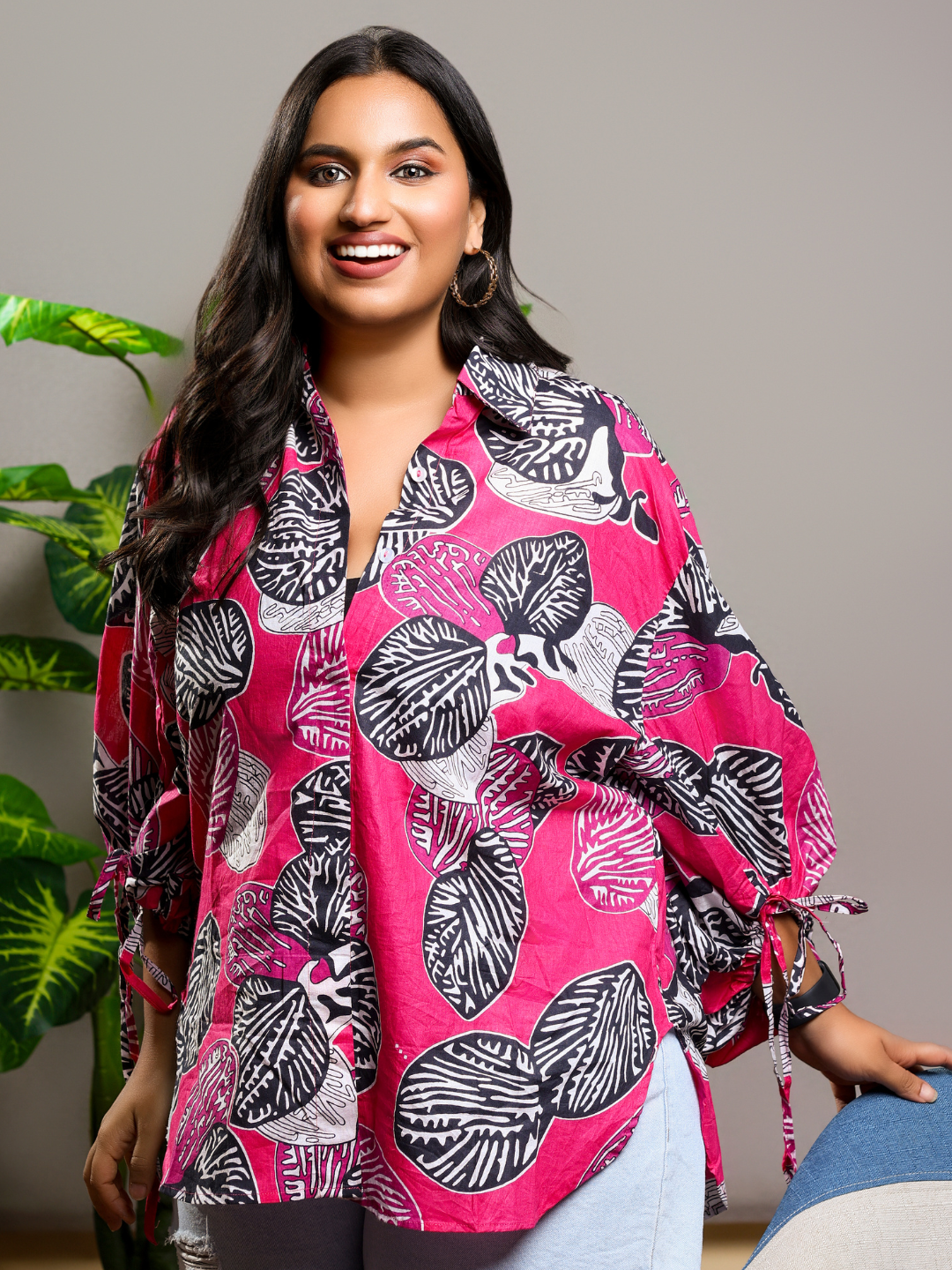 Printed Cotton Shirt with Tie Up Sleeves - Uptownie