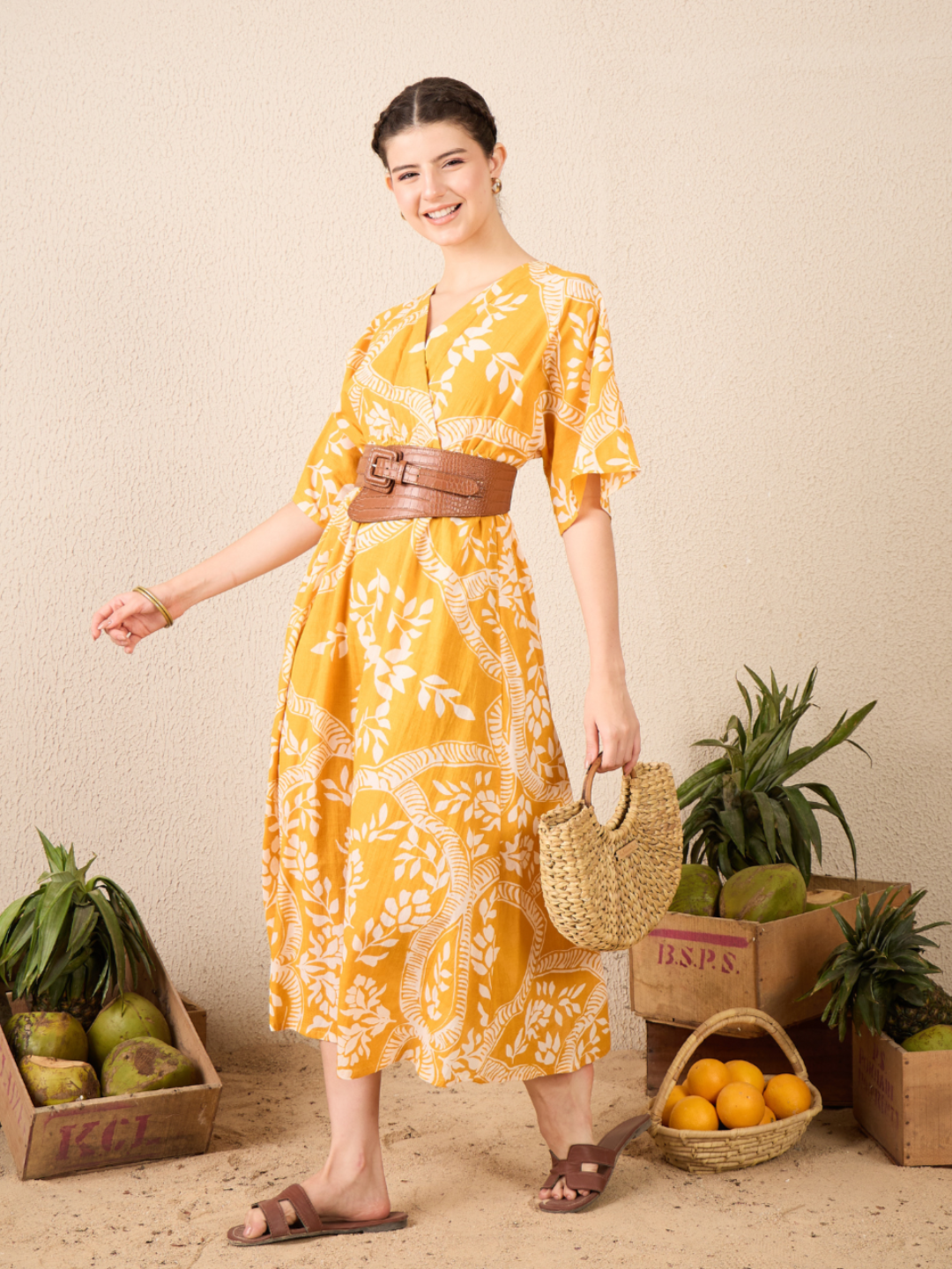 V-neck Cotton Midi Dress - Uptownie