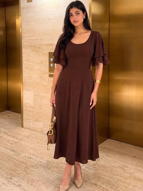 Stretchable Ruffled Sleeve Fit & Flare Dress