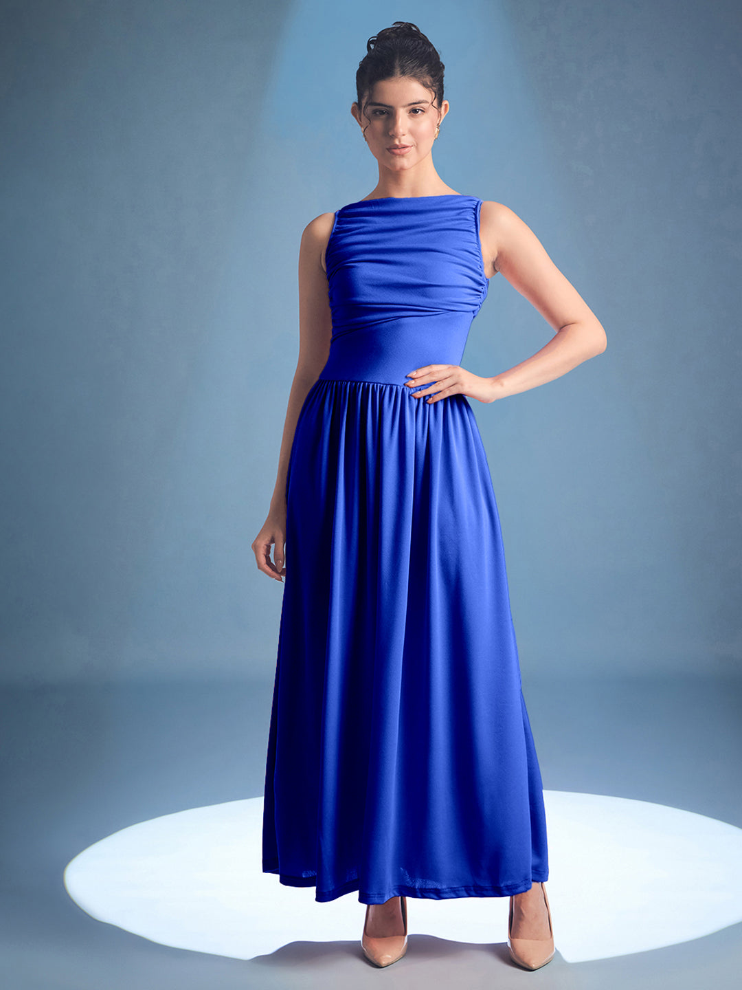 Stretchable Gathered Drop Waist Maxi Dress - Uptownie