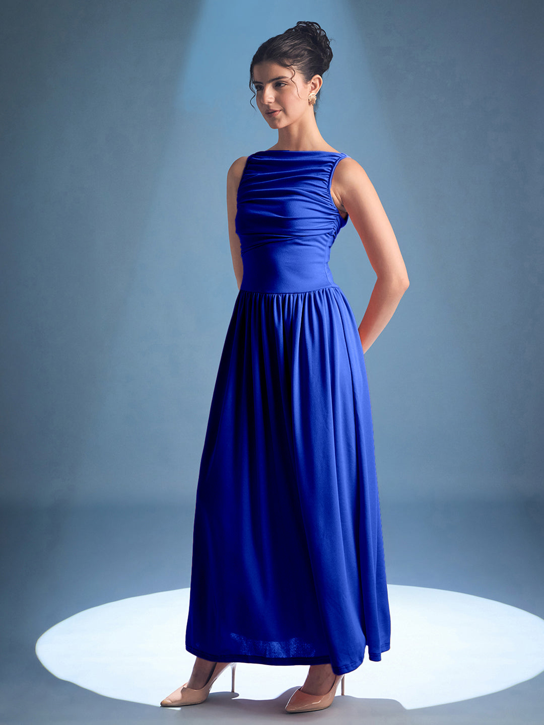 Stretchable Gathered Drop Waist Maxi Dress - Uptownie