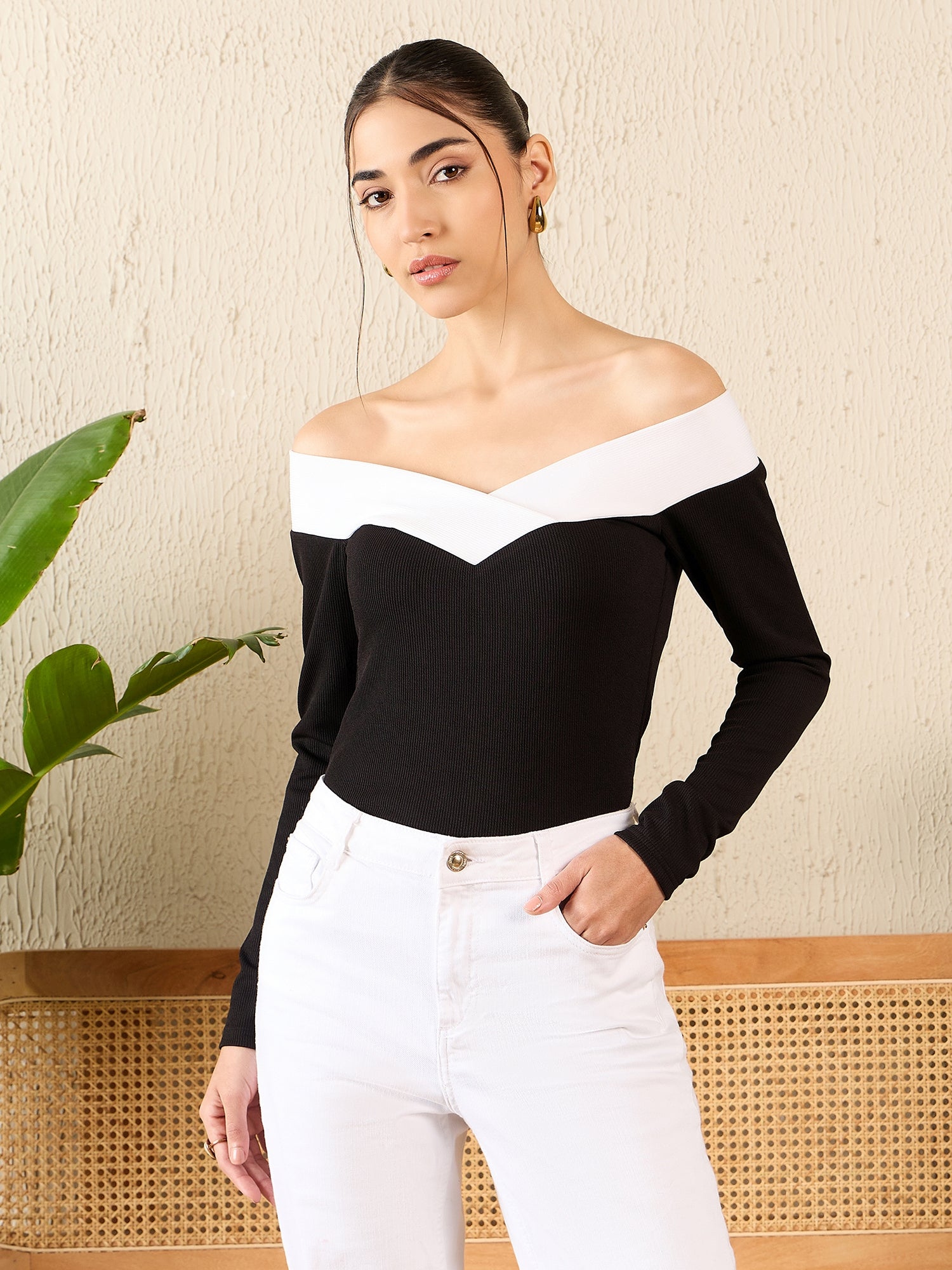 Colorblock Off Shoulder Full Sleeve Top - Uptownie