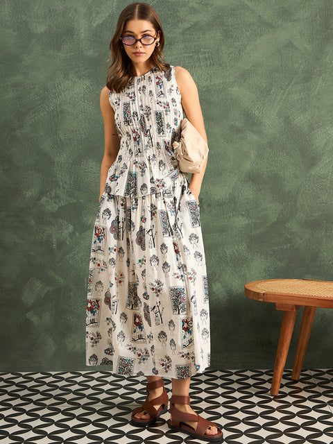 Pure Cotton Pleated Top and Skirt Set (with Lining)