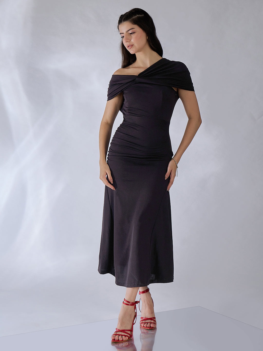 Off Shoulder Fit & Flare Midi Dress - Uptownie