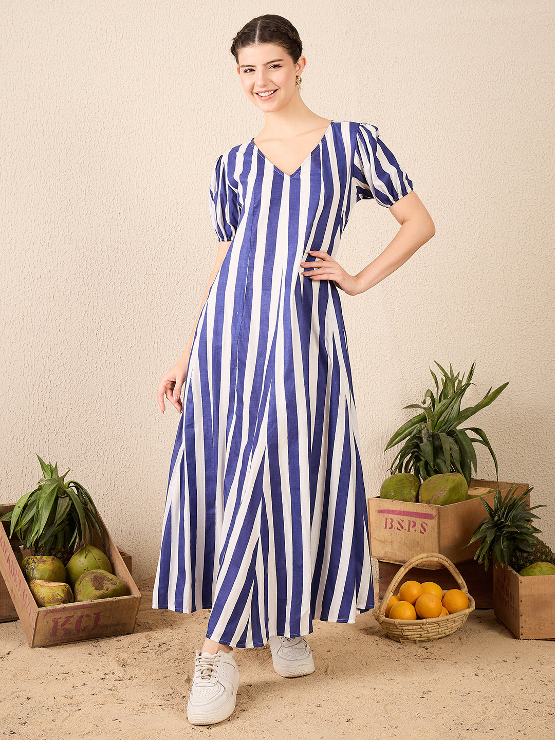 Puff Sleeve A-Line Cotton Maxi Dress - Uptownie
