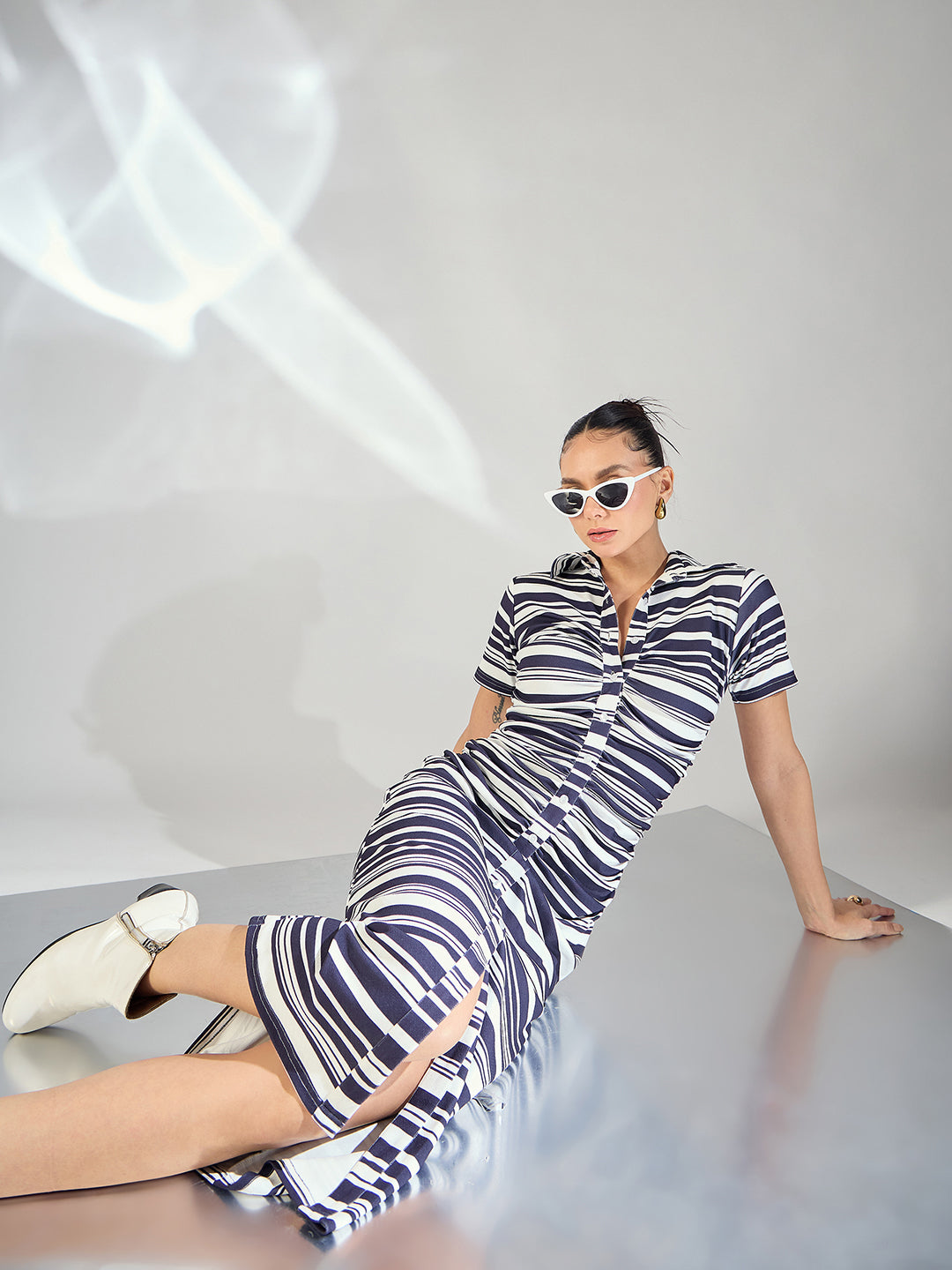 Striped Gathered Buttoned Down Midi Dress - Uptownie