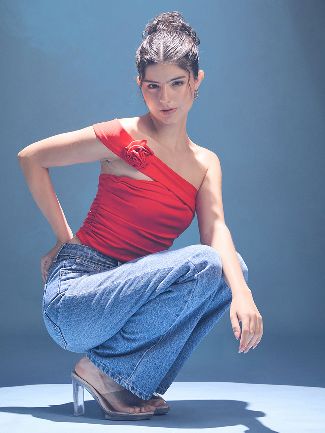 Stretchable One Shoulder Rose Top - Uptownie