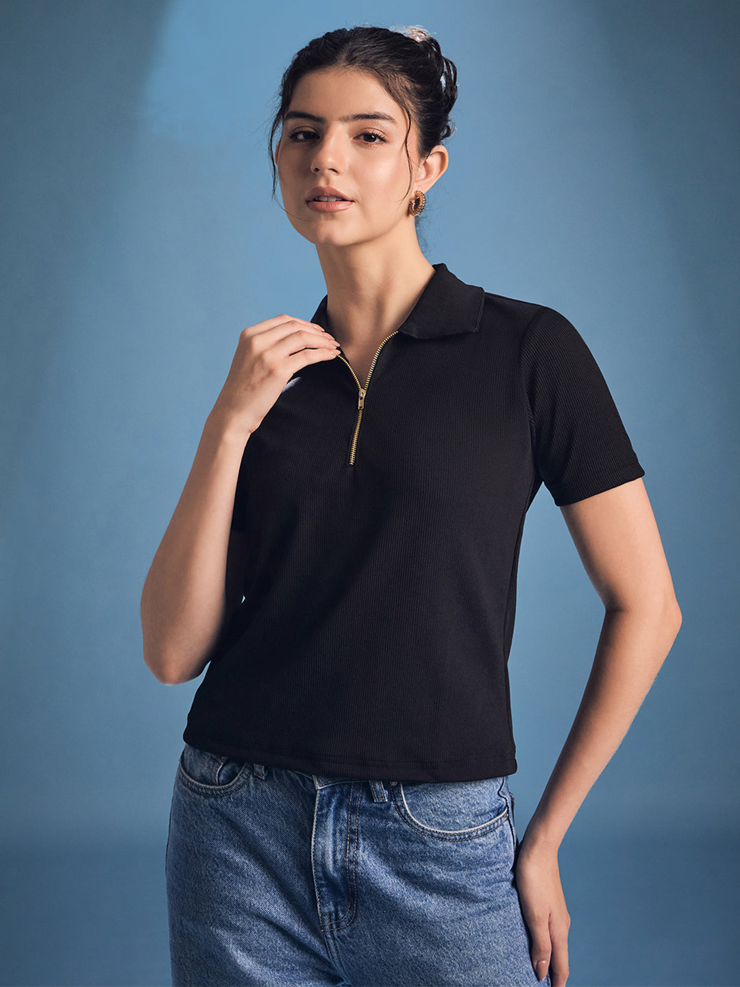Front Zip Up Ribbed Top - Uptownie