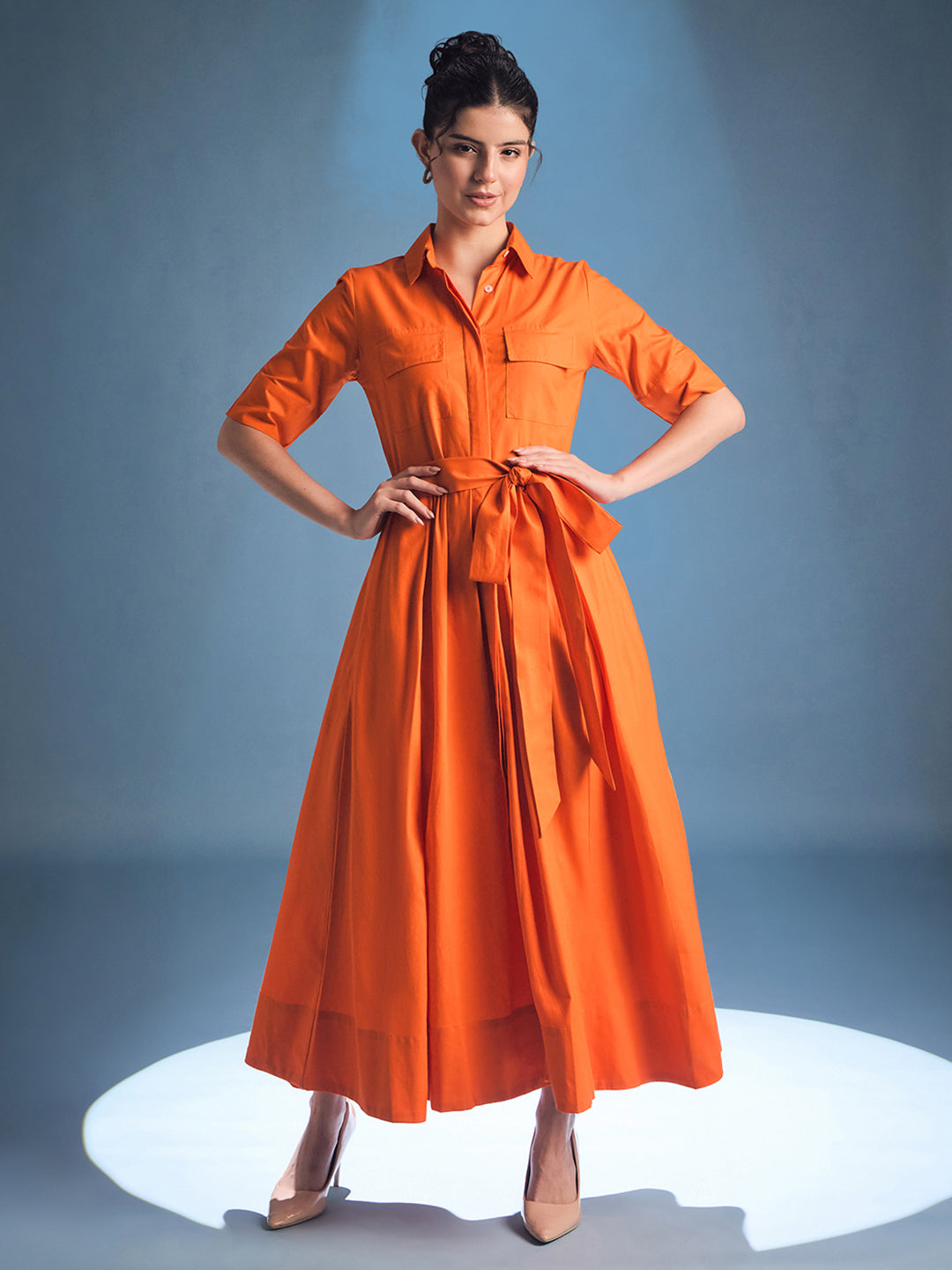 Pure Cotton Flared Shirt Dress With Belt Pure Cotton Flared Shirt Dress With Belt