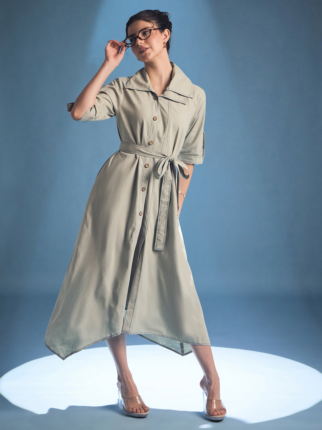 Cotton Asymmetrical Contrast Stitch Shirt Dress - Uptownie