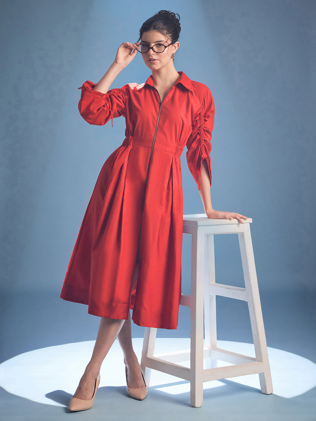 Cotton Zip Dress With Gathered Tie-Up Sleeves - Uptownie