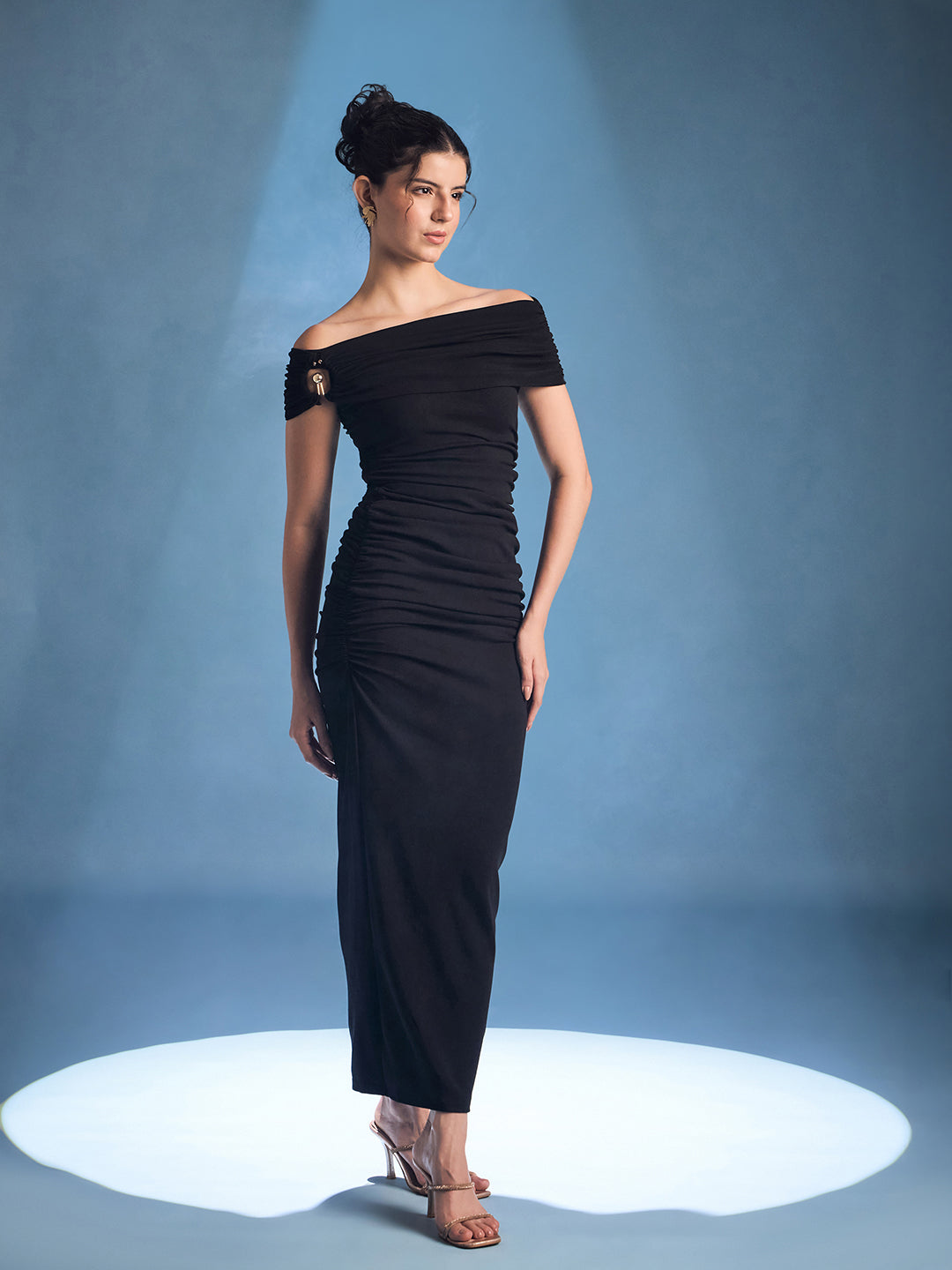 Ring Accent Off Shoulder Ruched Maxi Dress - Uptownie