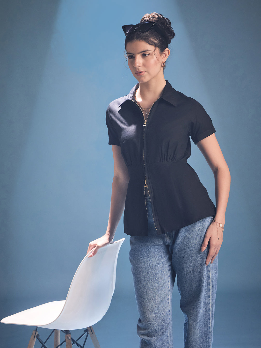Zip-Through Fitted Cotton Top - Uptownie