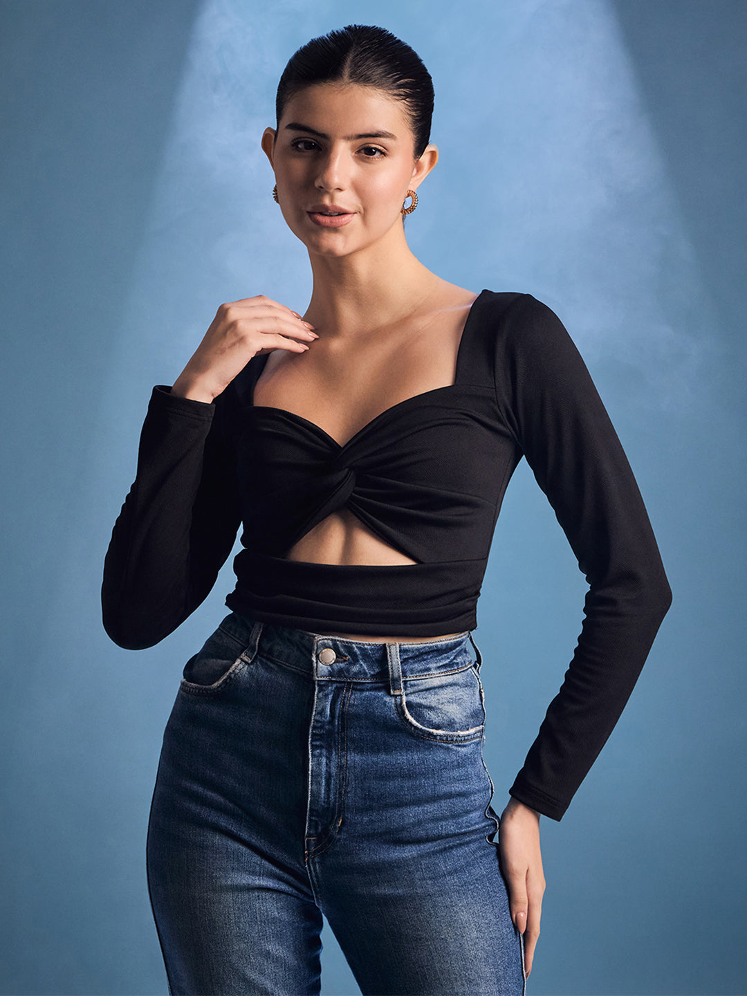 Stretchable Knotted Full Sleeves Crop Top - Uptownie