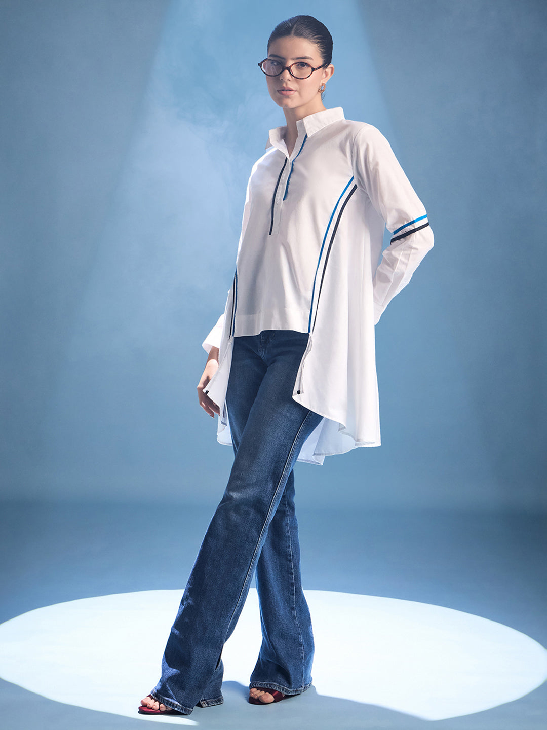 Cotton Asymmetric Shirt with Contrast Color Stripes - Uptownie