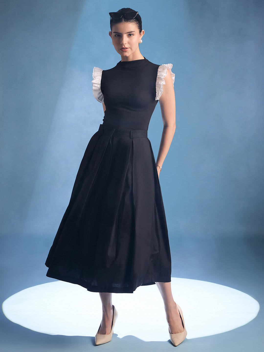 High Neck Top With Contrast Ruffle Sleeves - Uptownie