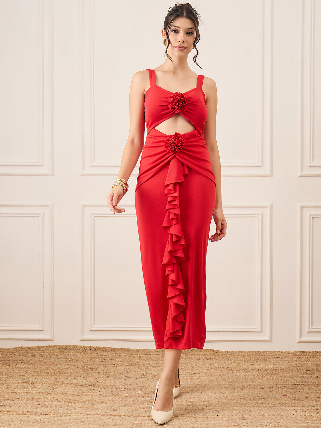 Stretchable Ruffled Rosette Cutout Midi Dress Stretchable Ruffled Rosette Cutout Midi Dress