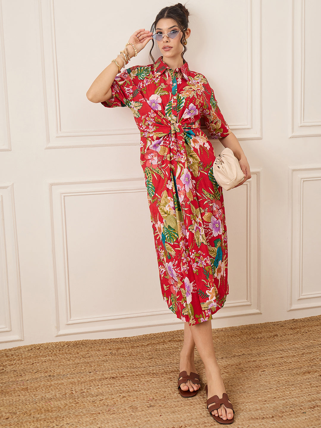 Cotton Twisted Shirt Midi Dress - Uptownie